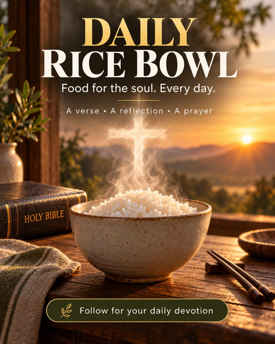 Daily Rice Bowl poster with a steaming rice bowl, Holy Bible, cross and chopsticks